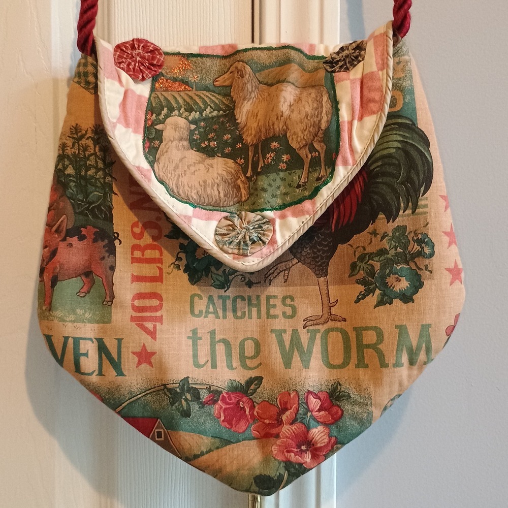 Vintage Handmade‎ Farmhouse Feed Sack Print Shoulder Bag Rustic Barnyard Animals - Picture 8 of 13